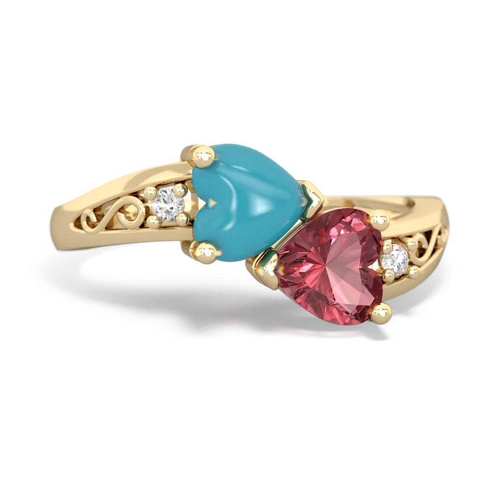 Turquoise Snuggling Hearts 14K Yellow Gold ring R2178