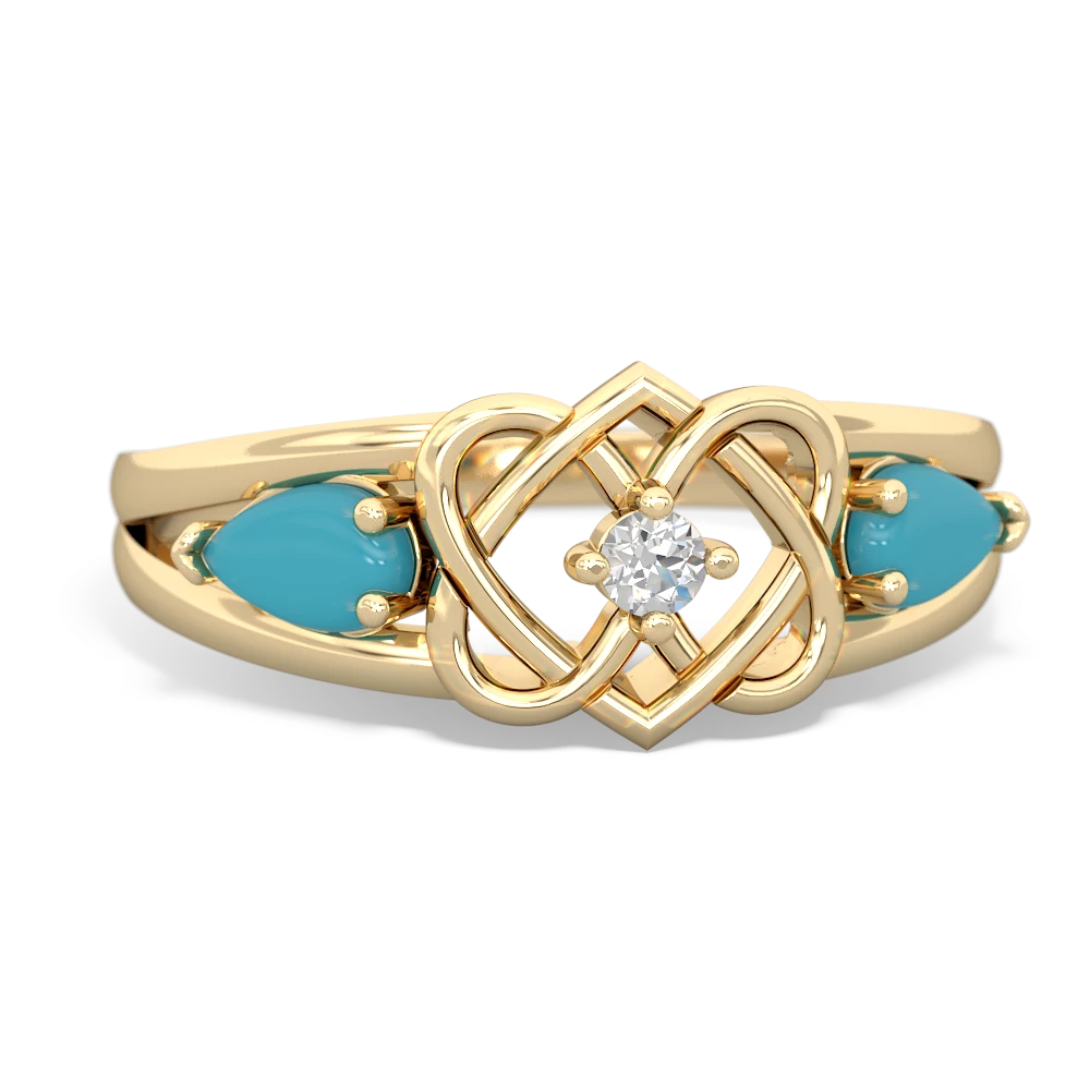 Turquoise Hearts Intertwined 14K Yellow Gold ring R5880