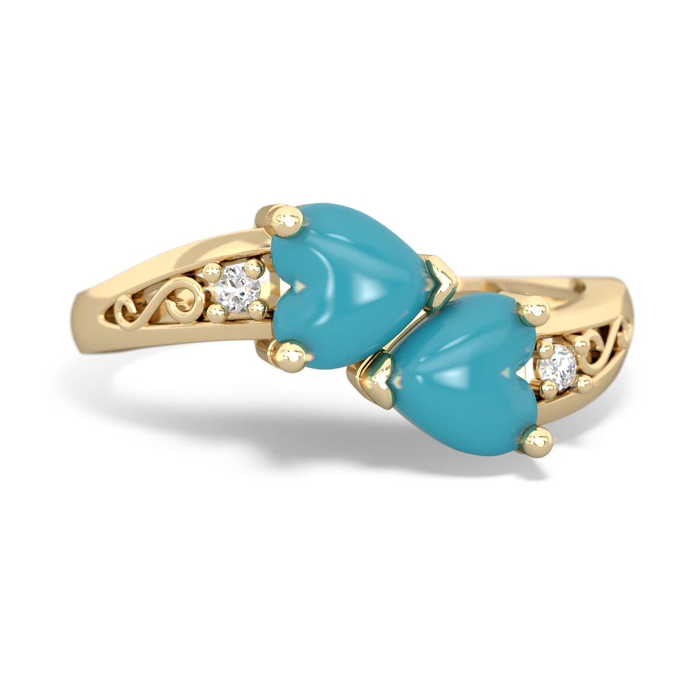 Turquoise Snuggling Hearts 14K Yellow Gold ring R2178