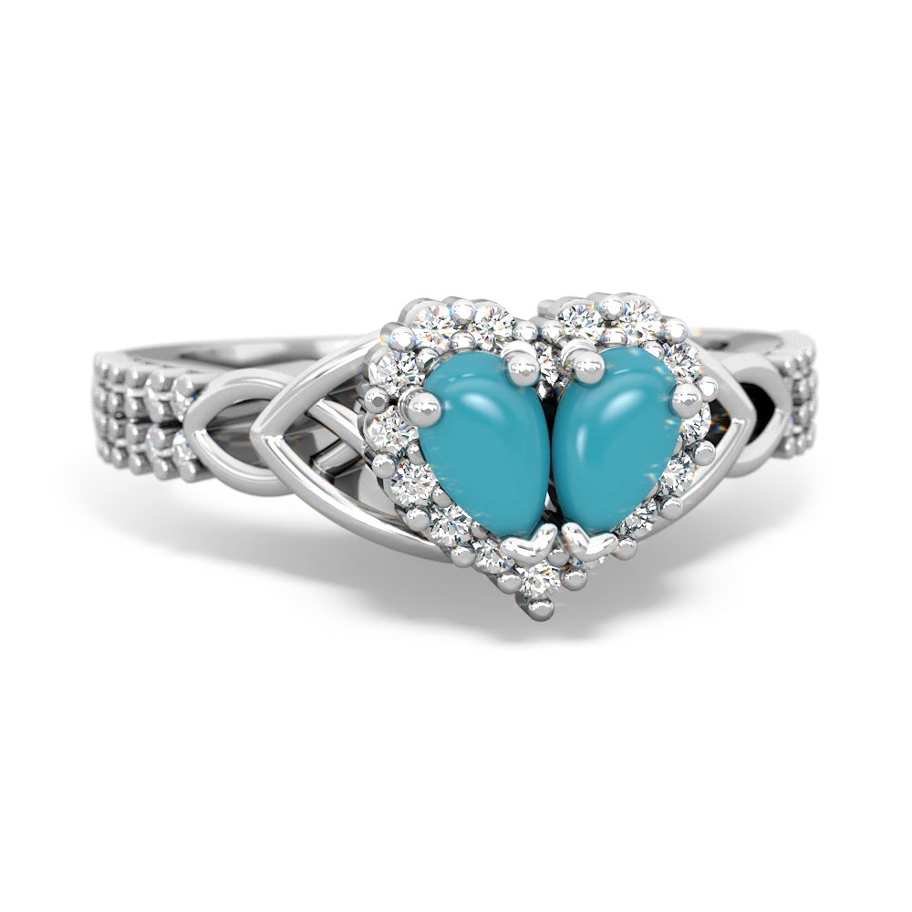 Turquoise Celtic Knot Two Hearts As One 14K White Gold ring R2644HRT