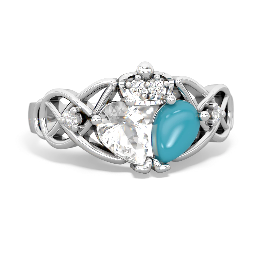 Turquoise 'One Heart' Celtic Knot Claddagh 14K White Gold ring R5322