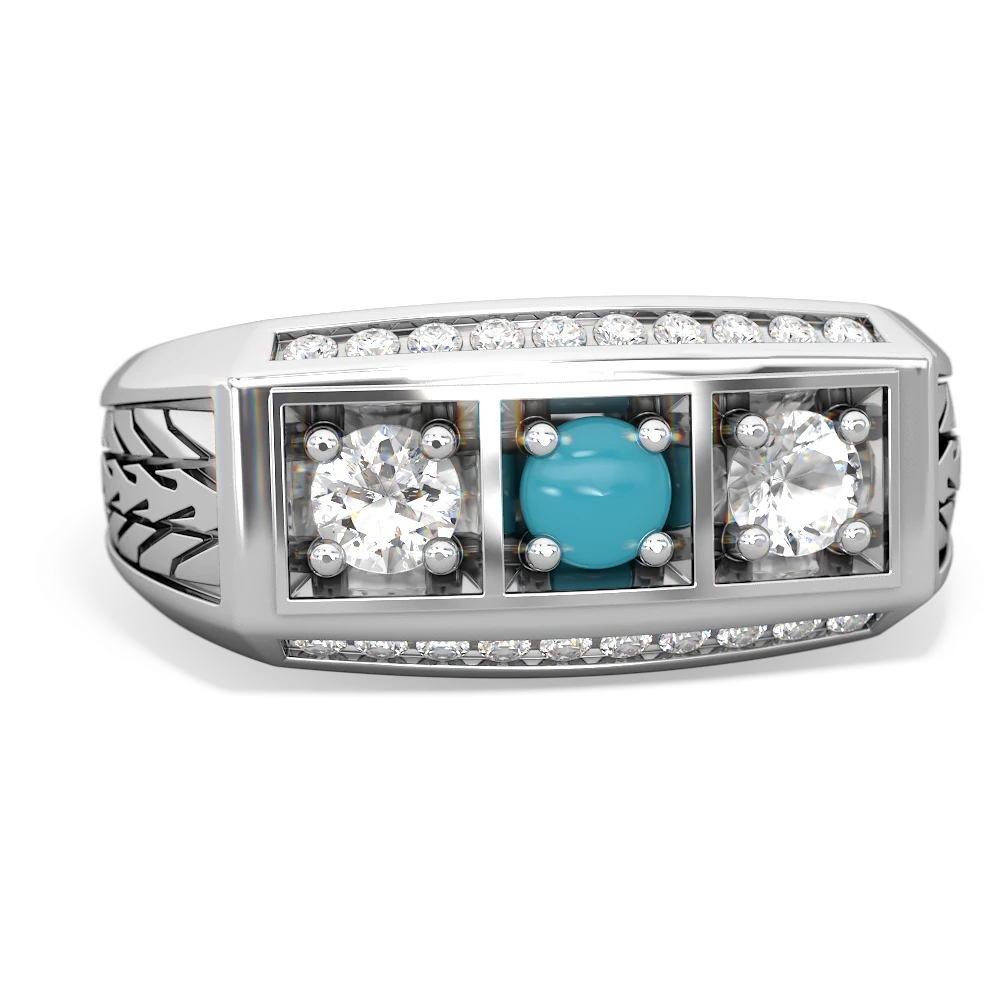 Turquoise Three Stone Tire Tread Men's 14K White Gold ring R0520