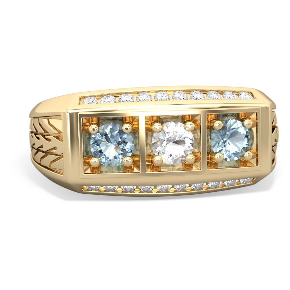 White Topaz Three Stone Tire Tread Men's 14K Yellow Gold ring R0520