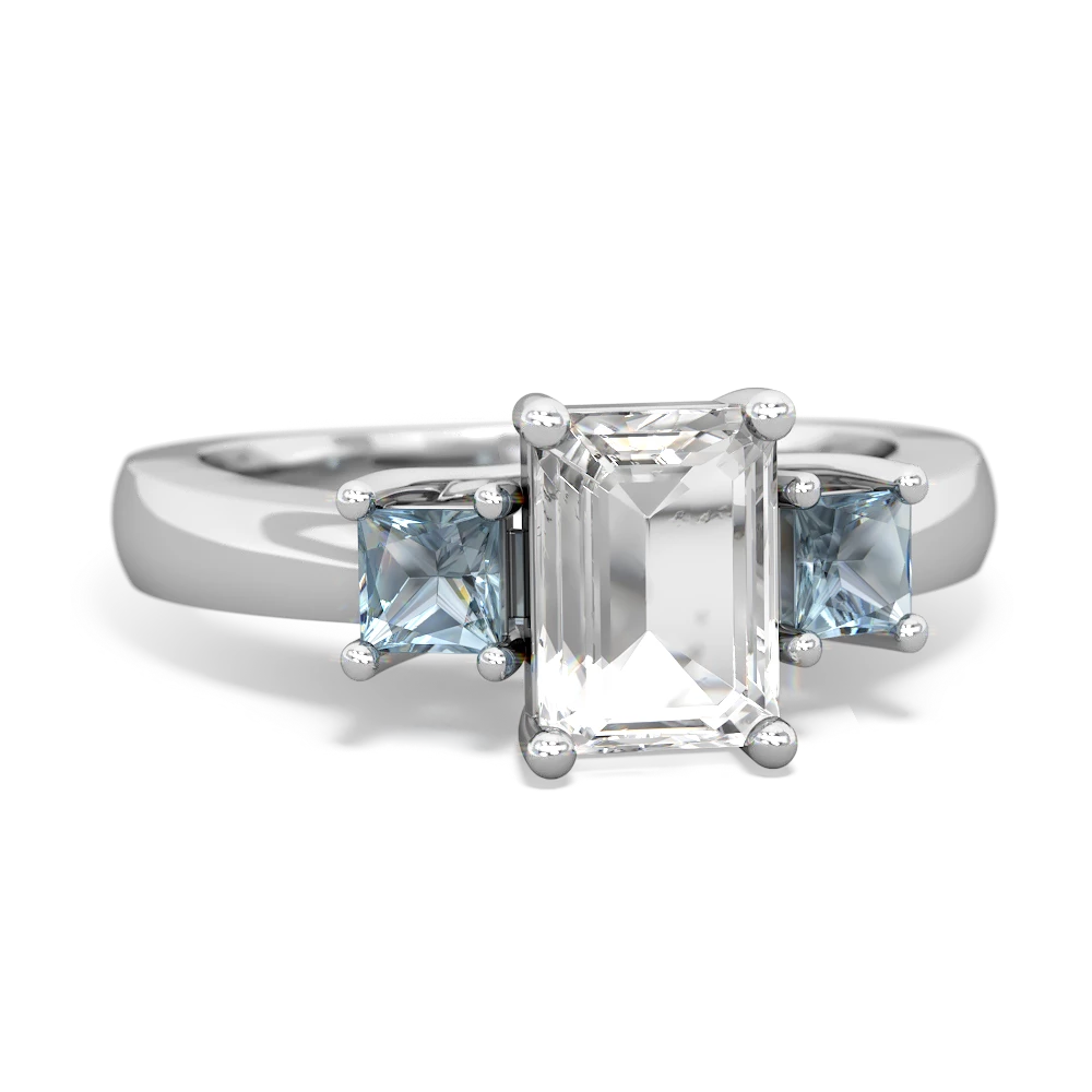 White Topaz Three Stone Emerald-Cut Trellis 14K White Gold ring R4021