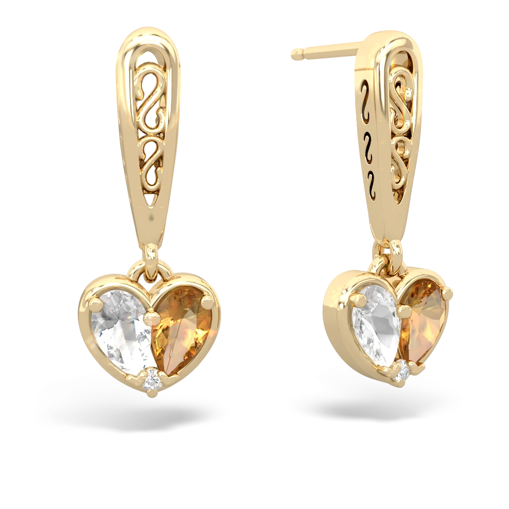 White Topaz Filligree Heart 14K Yellow Gold earrings E5070