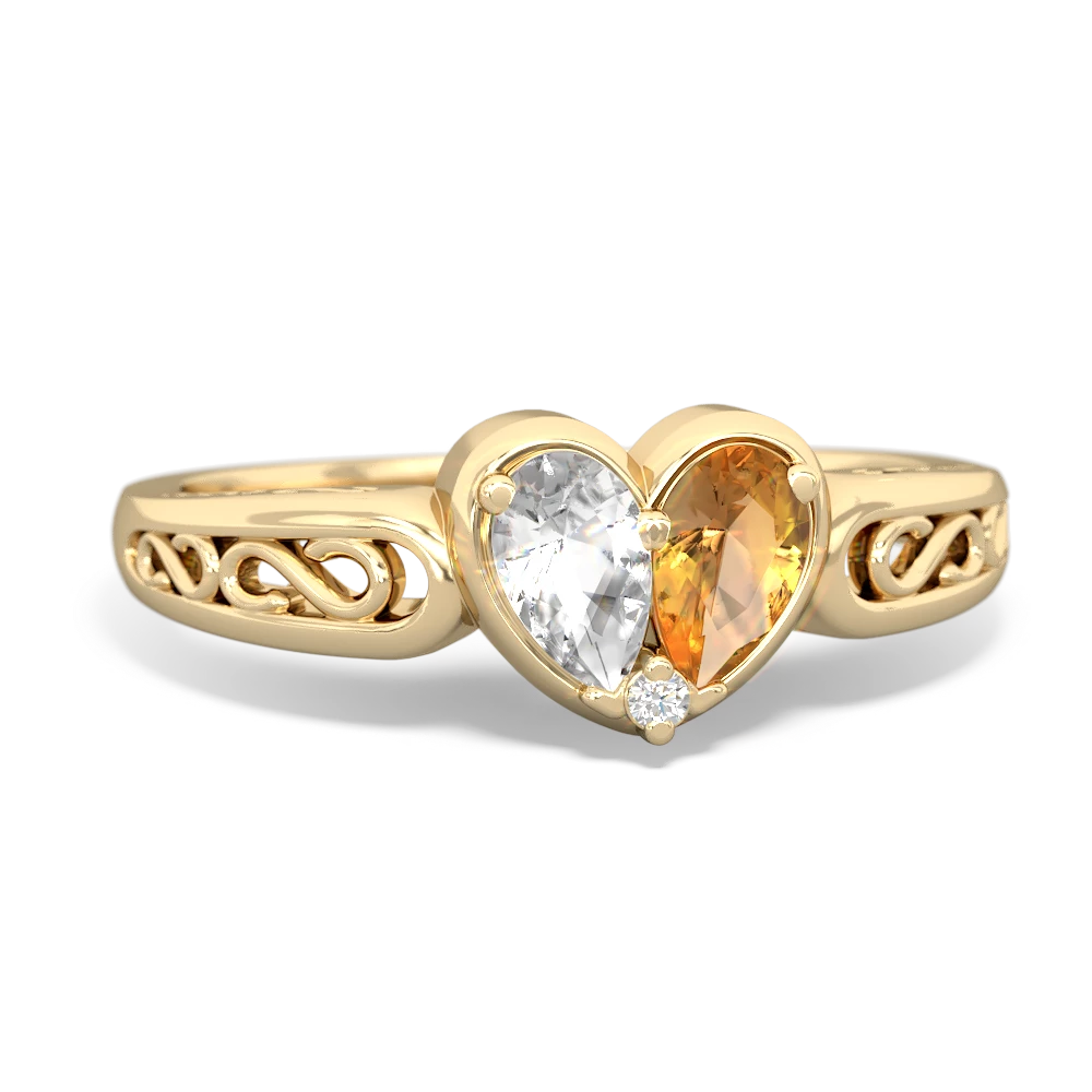 White Topaz Filligree 'One Heart' 14K Yellow Gold ring R5070