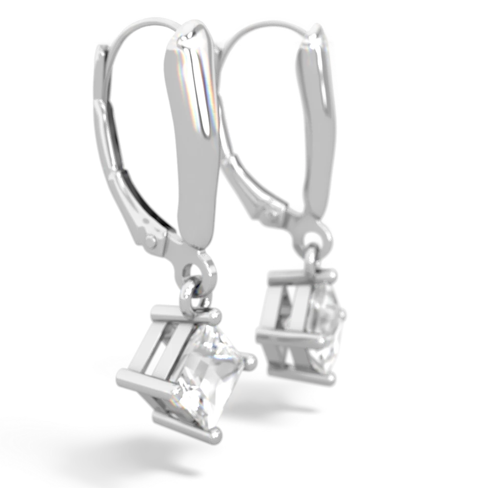 White Topaz 6Mm Princess Lever Back 14K White Gold earrings E2789