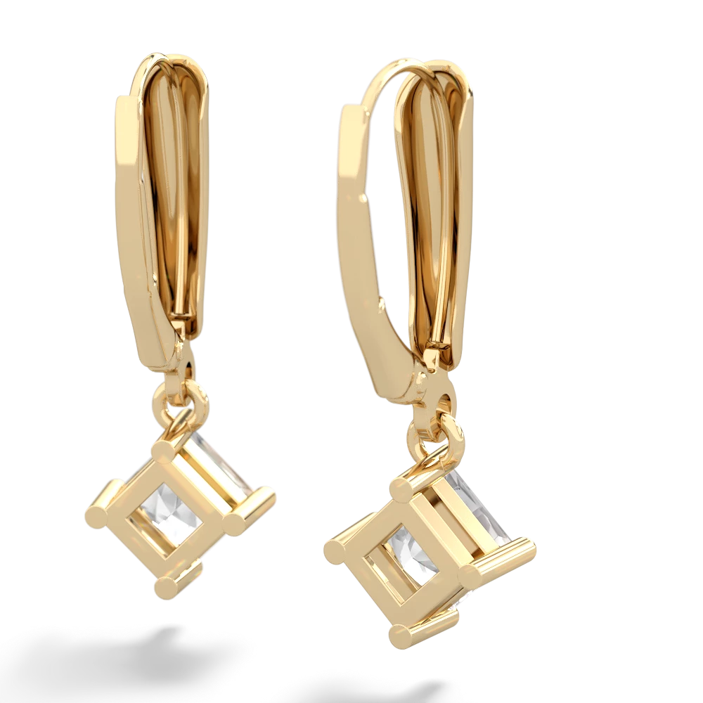 White Topaz 6Mm Princess Lever Back 14K Yellow Gold earrings E2789