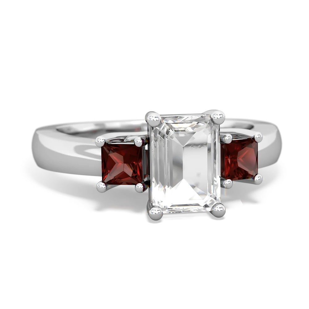 White Topaz Three Stone Emerald-Cut Trellis 14K White Gold ring R4021