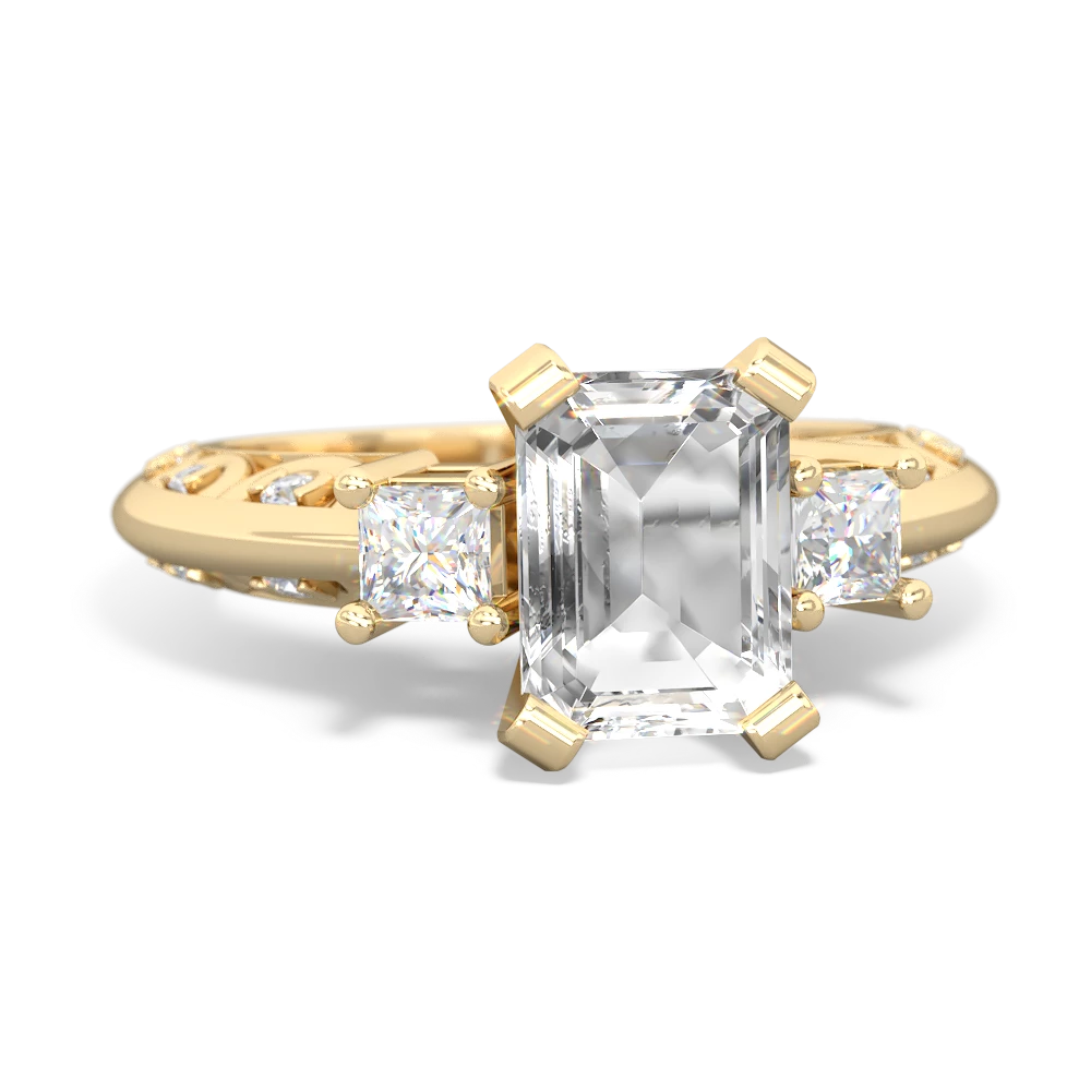 White Topaz Art Deco Diamond 8X6 Emerald-Cut Engagement 14K Yellow Gold ring R20018EM