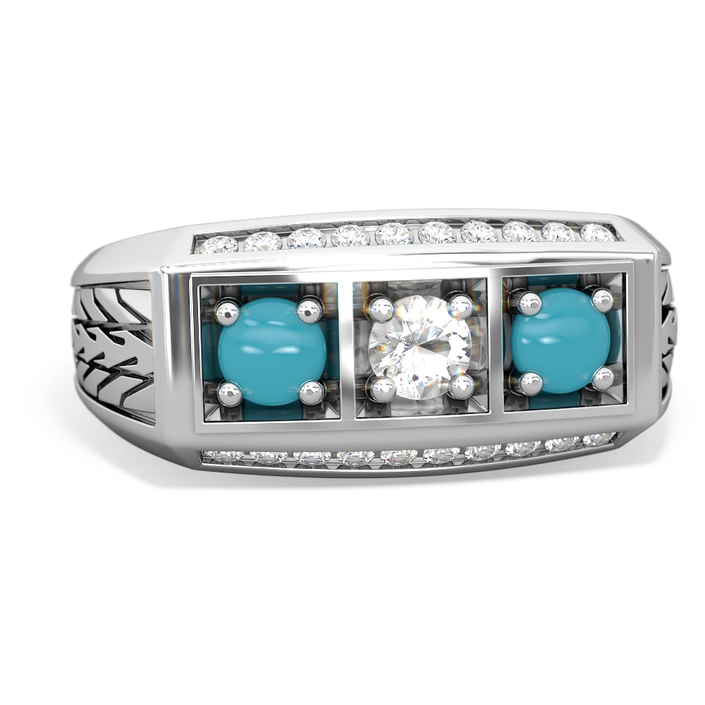 White Topaz Three Stone Tire Tread Men's 14K White Gold ring R0520