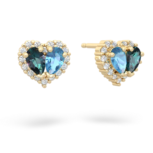 alexandrite-blue topaz halo-heart earrings