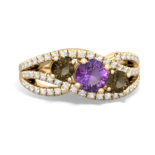 amethyst-smoky quartz three stone pave ring