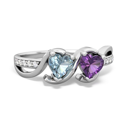 aquamarine-amethyst double heart ring