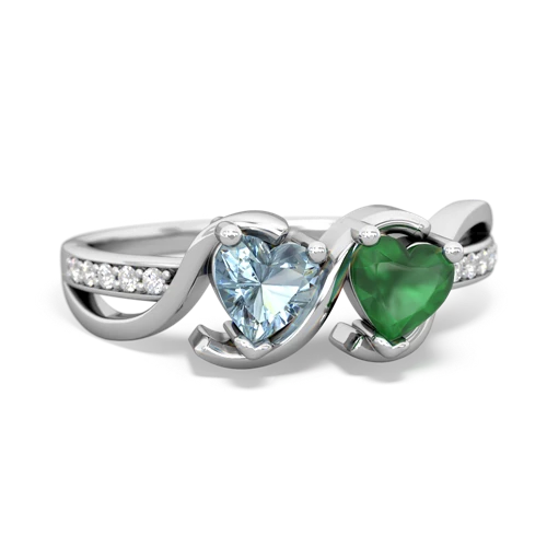 aquamarine-emerald double heart ring