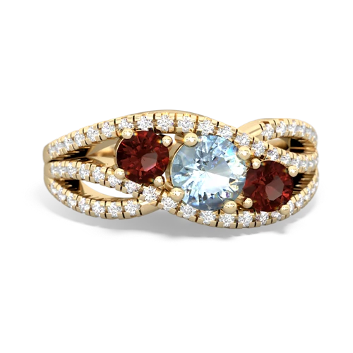 aquamarine-garnet three stone pave ring