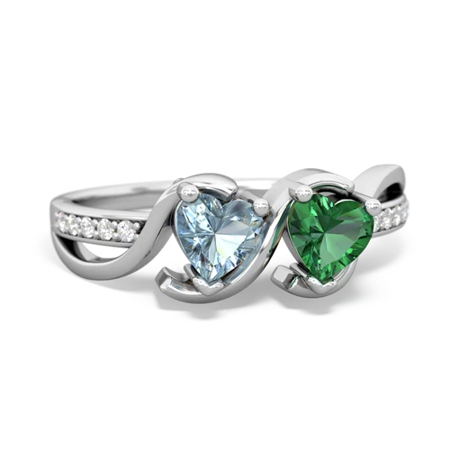 aquamarine-lab emerald double heart ring