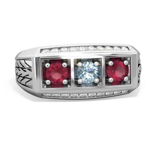 aquamarine-ruby three stone ring