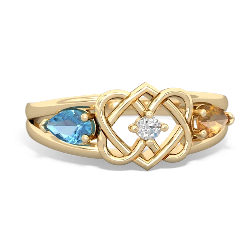 blue topaz-citrine double heart ring