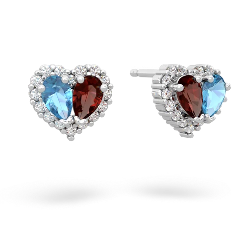 blue topaz-garnet halo-heart earrings