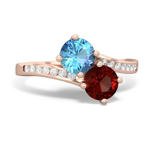 blue topaz-garnet two stone channel ring