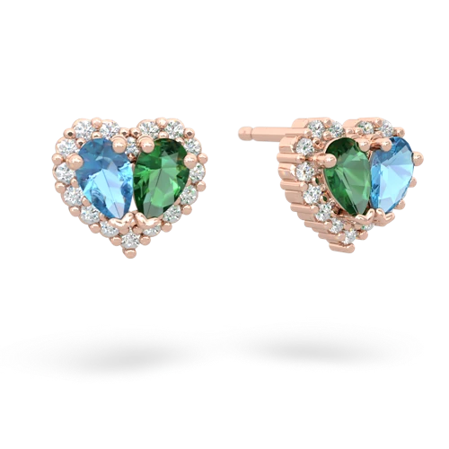 blue topaz-lab emerald halo-heart earrings