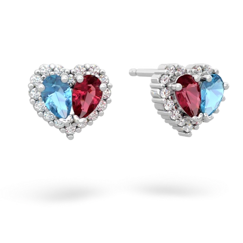 blue topaz-lab ruby halo-heart earrings