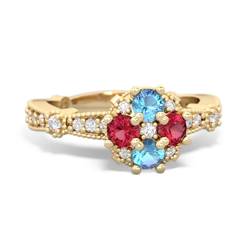 blue topaz-lab ruby art deco engagement ring