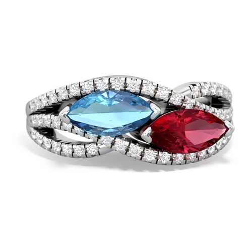 blue topaz-lab ruby double heart ring