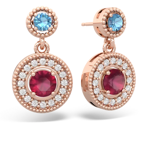 blue topaz-ruby halo earrings