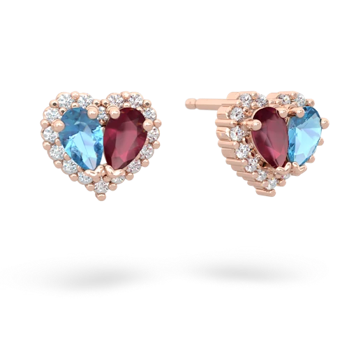 blue topaz-ruby halo-heart earrings