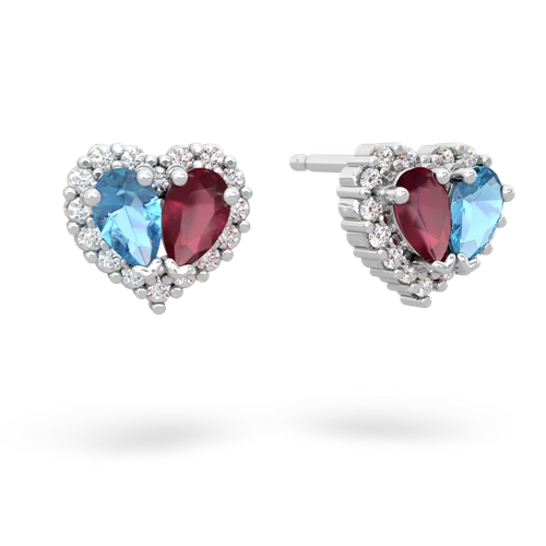 blue topaz-ruby halo-heart earrings