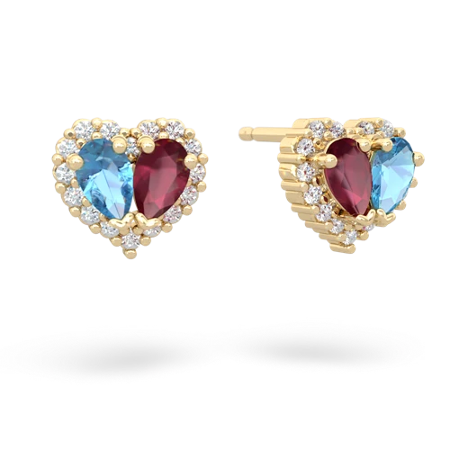blue topaz-ruby halo-heart earrings