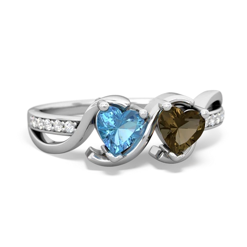 blue topaz-smoky quartz double heart ring