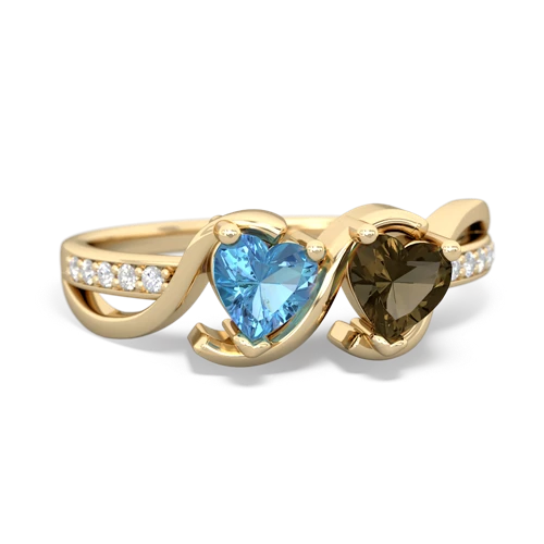 blue topaz-smoky quartz double heart ring