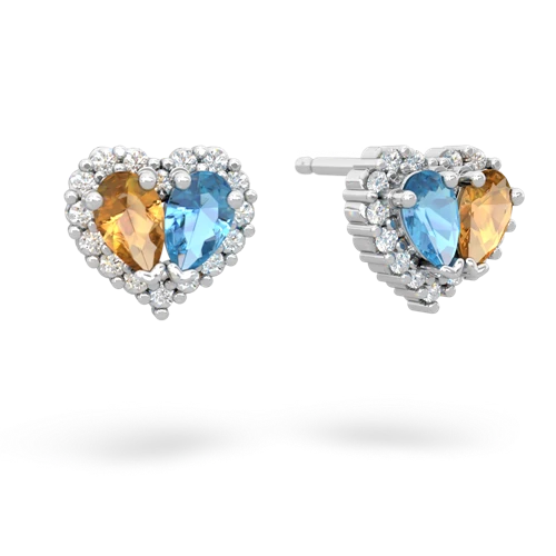 citrine-blue topaz halo-heart earrings
