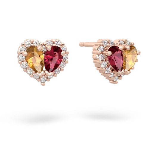 citrine-lab ruby halo-heart earrings