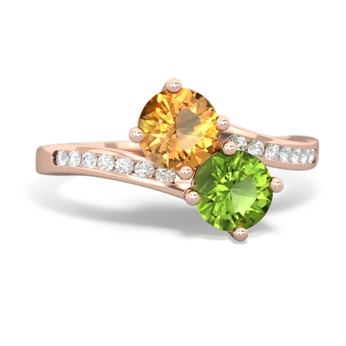 citrine-peridot two stone channel ring