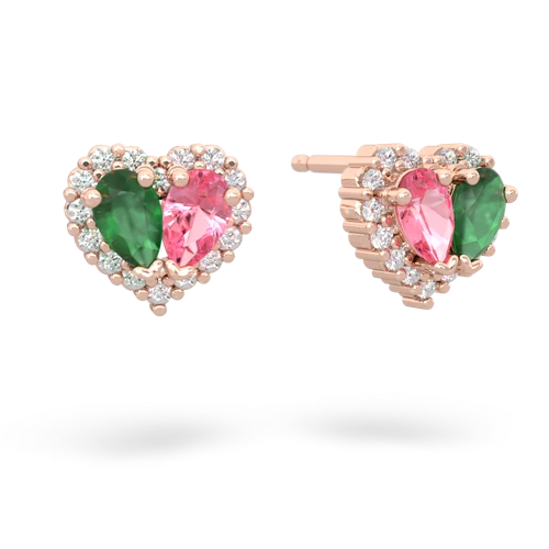 emerald-pink sapphire halo-heart earrings