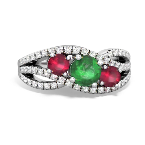 emerald-ruby three stone pave ring