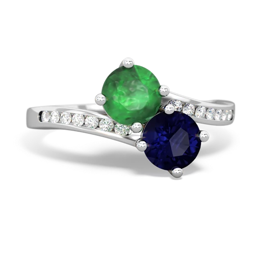 emerald-sapphire two stone channel ring