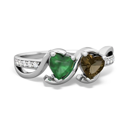 emerald-smoky quartz double heart ring