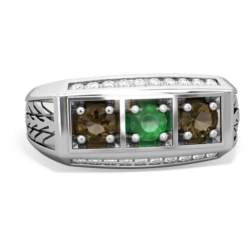 emerald-smoky quartz three stone ring