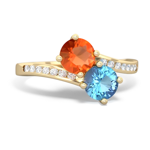 fire opal-blue topaz two stone channel ring