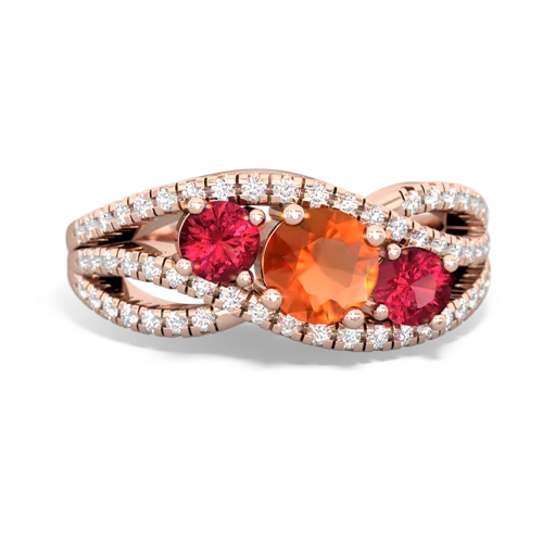 fire opal-lab ruby three stone pave ring