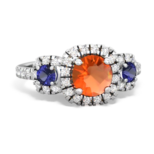 fire opal-lab sapphire three stone regal ring