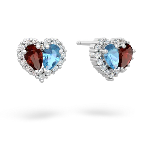 garnet-blue topaz halo-heart earrings