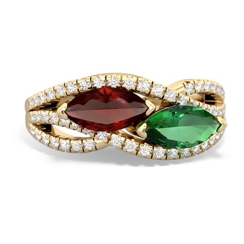 garnet-lab emerald double heart ring