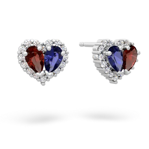 garnet-lab sapphire halo-heart earrings