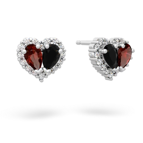 garnet-onyx halo-heart earrings
